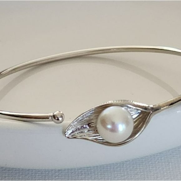 925S Silver 10mm Real Cultured White Freshwater‎ Pearl Solitaire Bangle Bracelet - Picture 6 of 14
